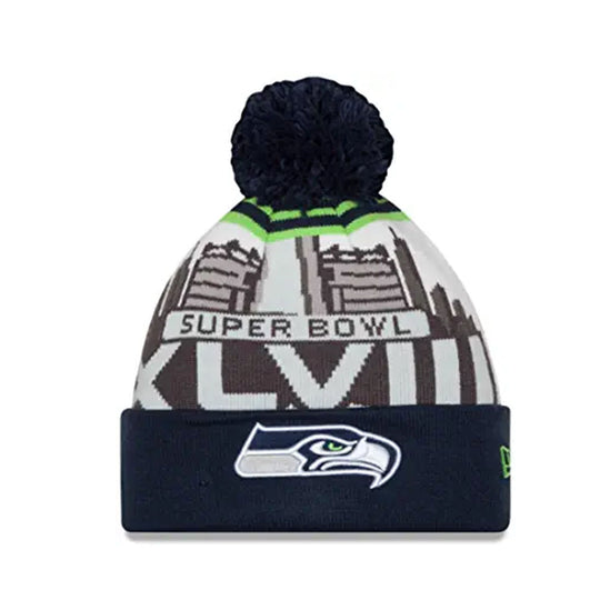 New Era Mens NFL Seattle Seahawks Super Bowl XLVIII Logo Pom Beanie 11218171 Navy/Grey