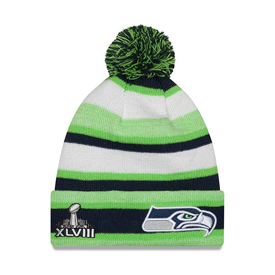 New Era Mens NFL Seattle Seahawks Super Bowl XLVIII Logo Striped Sport Pom Beanie 11218269 Green/White