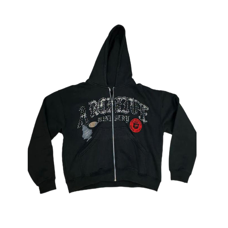 Archive Ministry Mens Bear Mountain Camp Studded Zip Up Hoodie 101-0088 Black