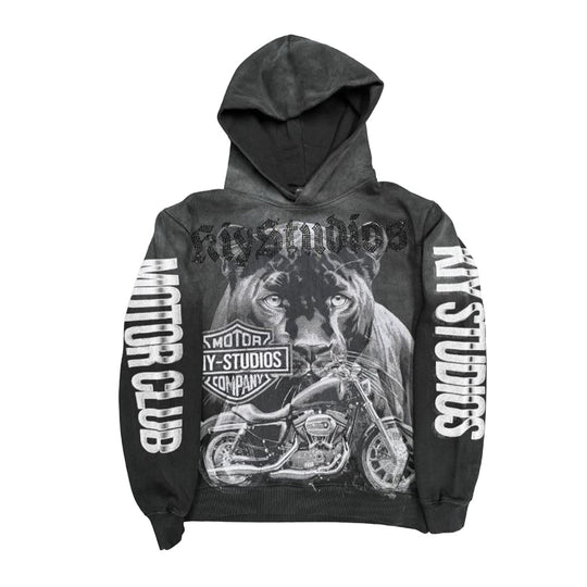 Kiy Studios Mens Black Cat MC Pullover Hoodie Black Wash