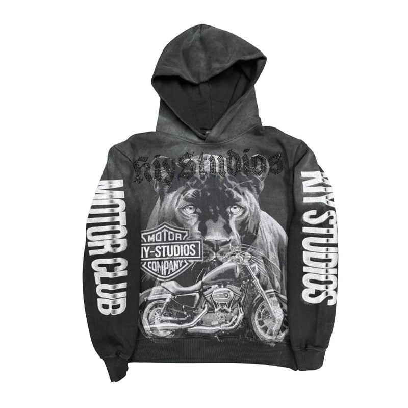 Kiy Studios Mens Black Cat MC Pullover Hoodie Black Wash