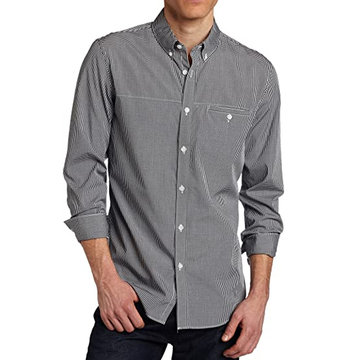 Calvin Klein Mens Yarn Dye Mini Gingham Check Slim Fit Long Sleeve Woven Shirt 40ZW993 Light Grey