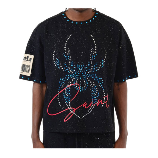 Copper Rivet Mens Spider W/ Rhinestone Cropped Crew Neck T-Shirt 611004-BK Black