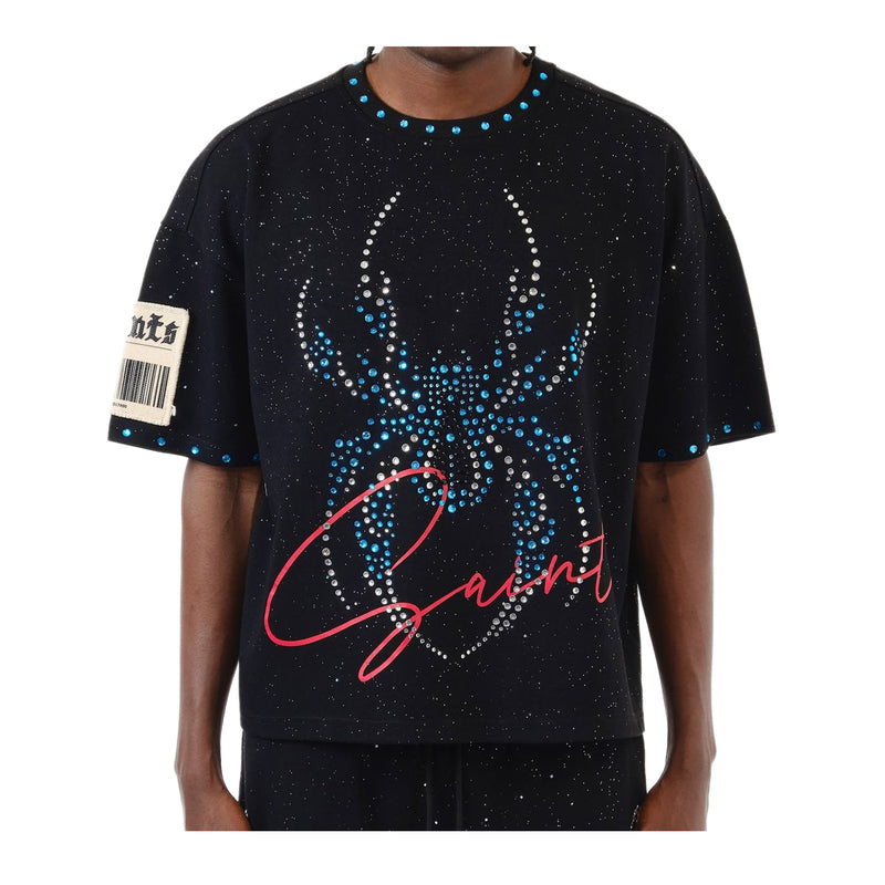 Copper Rivet Mens Spider W/ Rhinestone Cropped Crew Neck T-Shirt 611004-BK Black