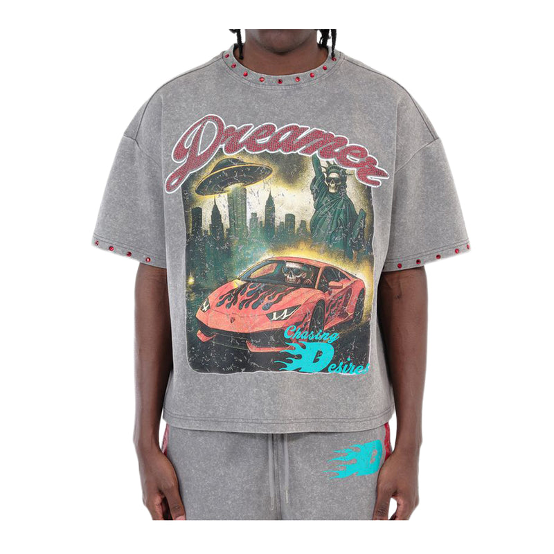 Copper Rivet Mens Dreamer's Cropped Crew Neck T-Shirt 611006-GY Acid Wash Grey