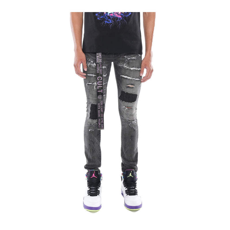 Cult Of Individuality Mens Punk Belted Stretch Skinny Fit Jeans 623A6-SS1H-FREY Freya