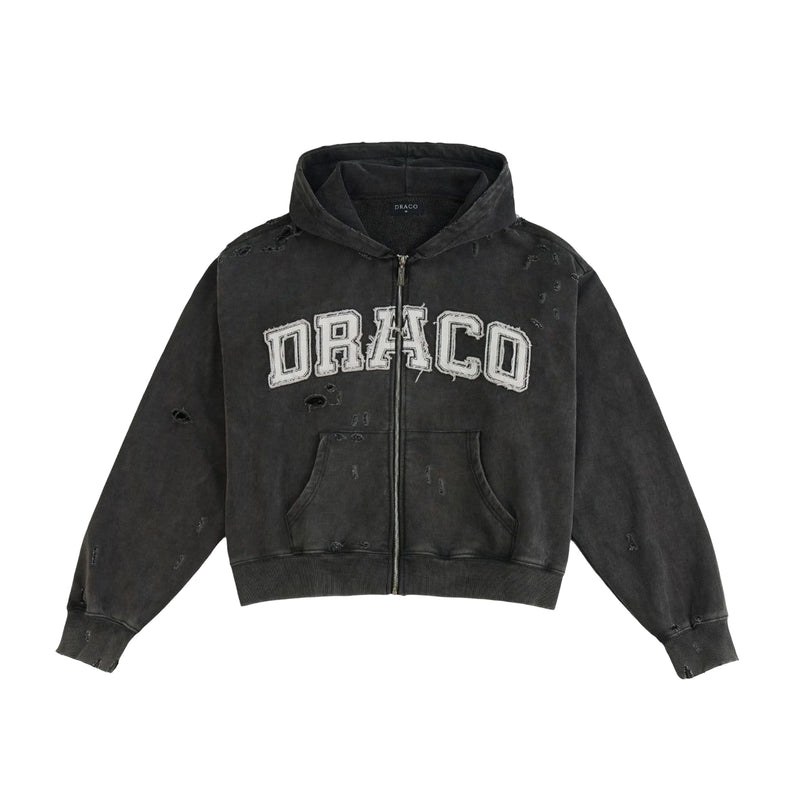 Draco Mens Distressed Zip Up Hoodie DISTRESSED-ZIP UP HOODIE-BLACK Black