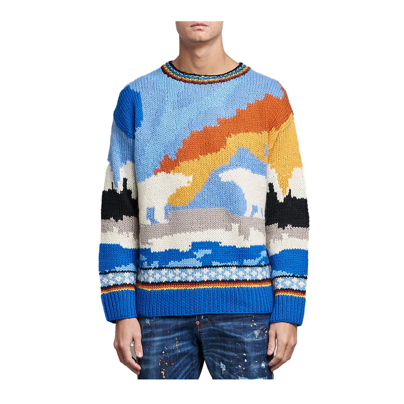 Dsquared2 Mens Bears Dawn Intarsia Sweater S71HA1147-961 Blue/White/Curry/Rust