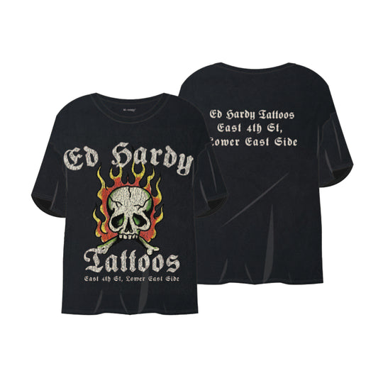Ed Hardy Mens Fire Skull Crew Neck T-Shirt BAOM1102-1 Vintage Black