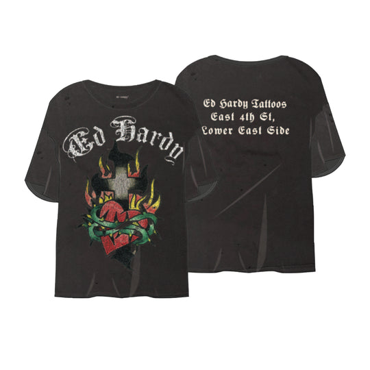 Ed Hardy Mens Cross Heart Crew Neck T-Shirt BAOM1102-2 Charcoal