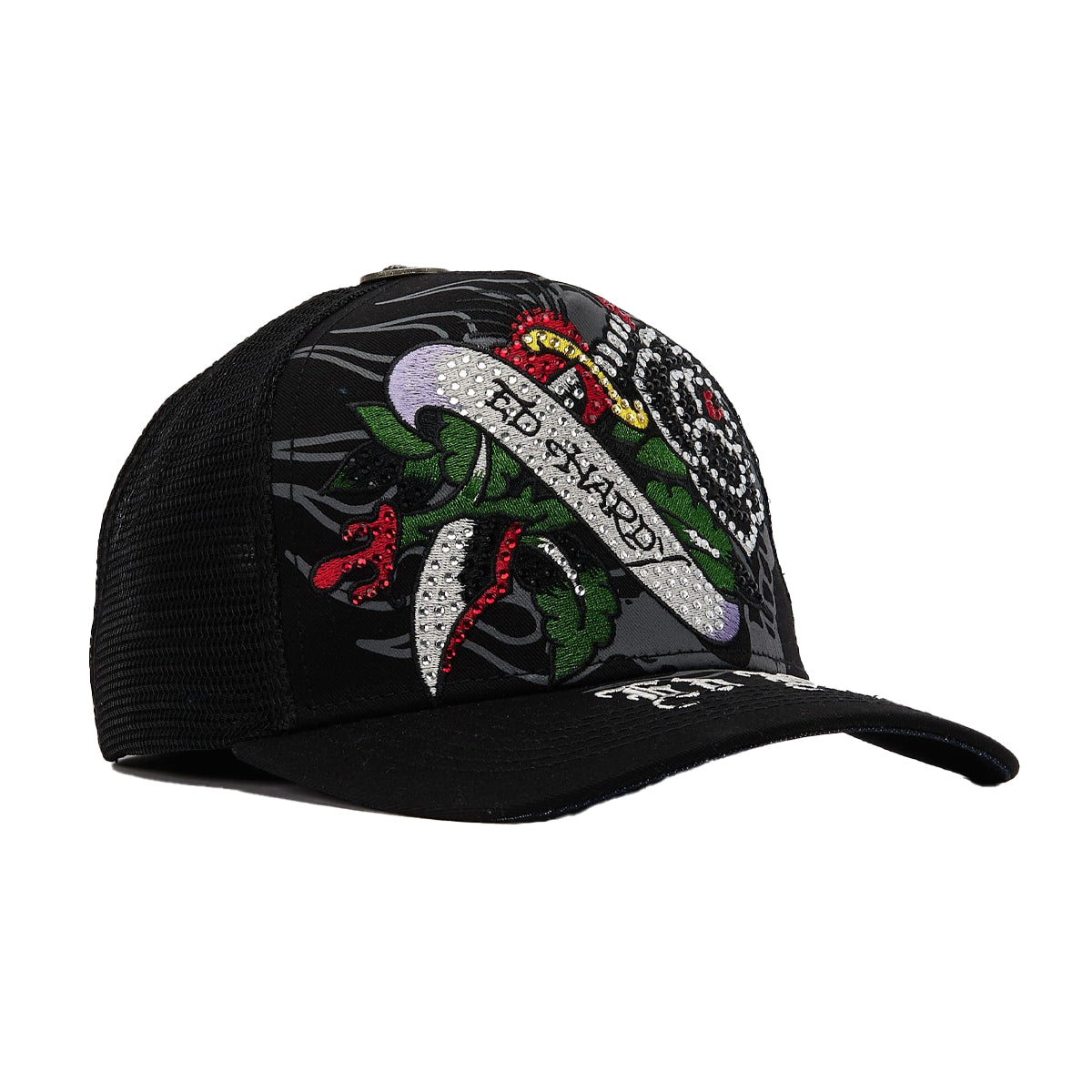Ed Hardy Unisex Black Rose Trucker Hat EHH0001-58RS Black