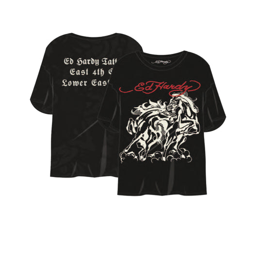 Ed Hardy Mens Horses Boxy Crew Neck T-Shirt EHM1101-28RS Vintage Black