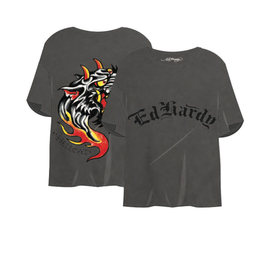 Ed Hardy Mens Panther Flame Crew Neck T-Shirt EHM1101-31RS Vintage Charcoal
