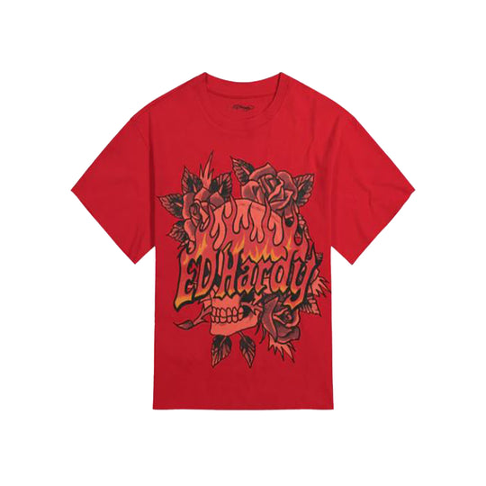 Ed Hardy Mens Skull Roses Boxy Cropped Crew Neck T-Shirt EHM1105-2 Mineral Red