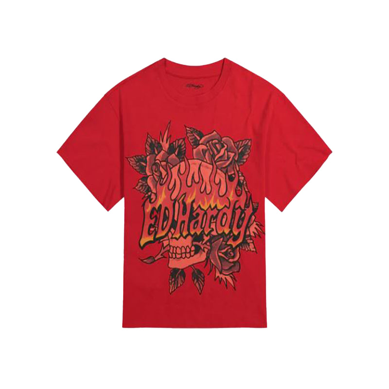 Ed Hardy Mens Skull Roses Boxy Cropped Crew Neck T-Shirt EHM1105-2 Mineral Red
