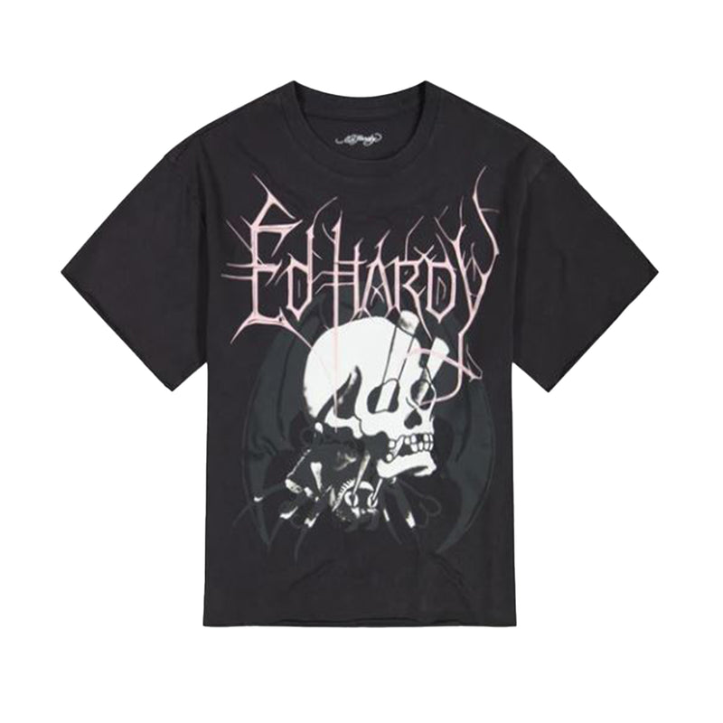 Ed Hardy Mens Spider Skull Boxy Cropped Crew Neck T-Shirt EHM1105-8 Mineral Grey