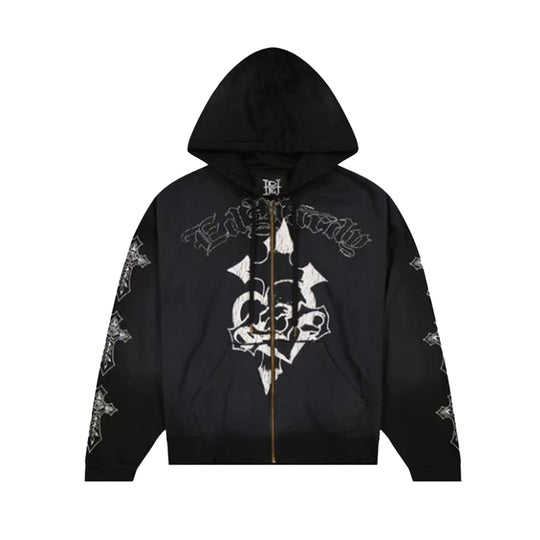Ed Hardy Mens Crosses Boxy Zip Up Hoodie EHM1303-17 Sunfade Black