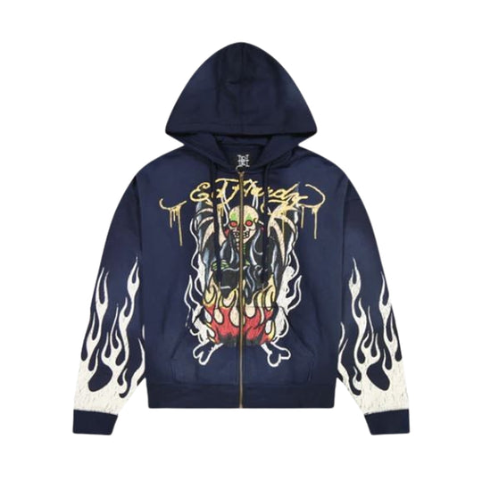 Ed Hardy Mens Fire Lord Zip Up Hoodie EHM1303-18 Sunfade Navy