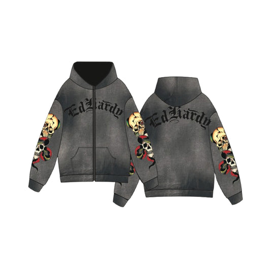 Ed Hardy Mens Skulls Boxy Zip Up Hoodie EHM1303-5 Sunfade Grey
