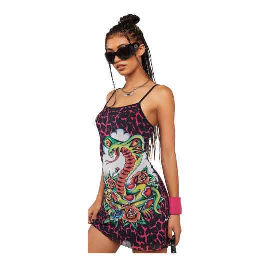 Ed Hardy Womens Cobra Roses Mesh Dress EHPM3000-2 Pink Leopard