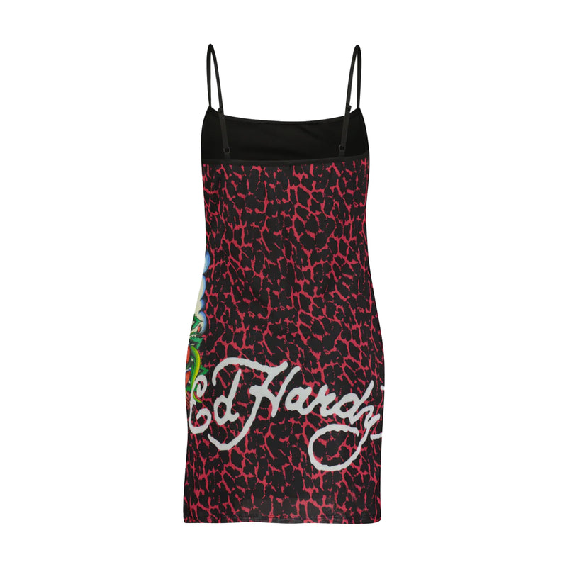Ed Hardy Womens Cobra Roses Mesh Dress EHPM3000-2 Pink Leopard XL