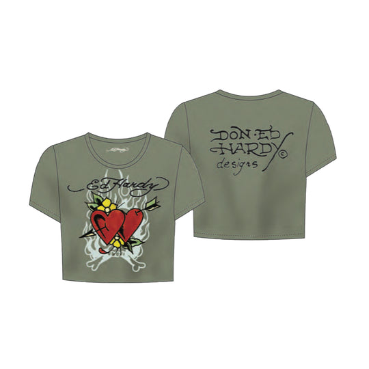 Ed Hardy Womens 2 Hearts Baby Crew Neck T-Shirt EHW1104-148RS Lt. Olive