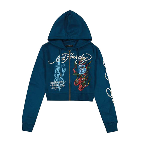 Ed Hardy Womens Flame Rose Zip Up Hoodie EHW1800-78 Sapphire