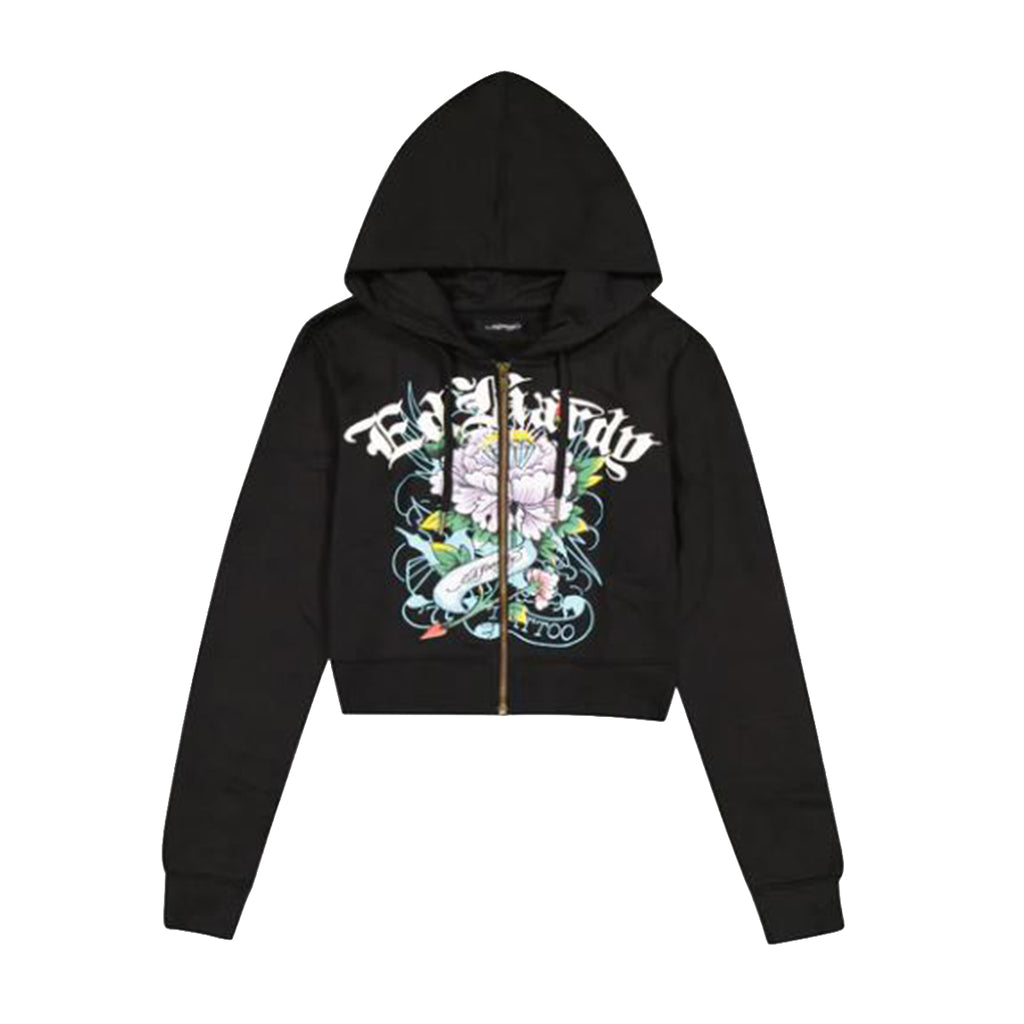 Ed Hardy Womens Ice Flower Zip Up Hoodie EHW1800-83 Black– Premium