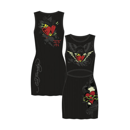 Ed Hardy Womens Heart Wings Cut Out Rib Dress EHW3201-1 Black