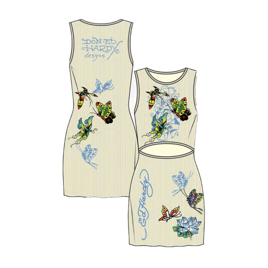 Ed Hardy Womens Butterflies Cut Out Rib Dress EHW3201-2 Ivory