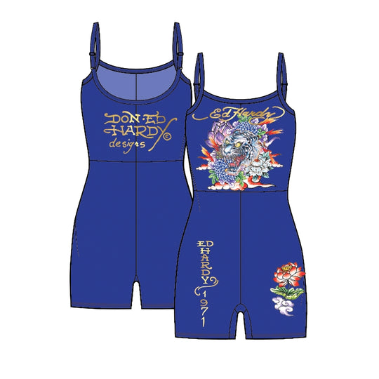 Ed Hardy Womens Tiger Lotus Strappy Romper EHW9001-3 Cobalt