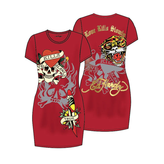 Ed Hardy Womens Skull Dagger Mesh Dress EHWM3005-5 Cherry