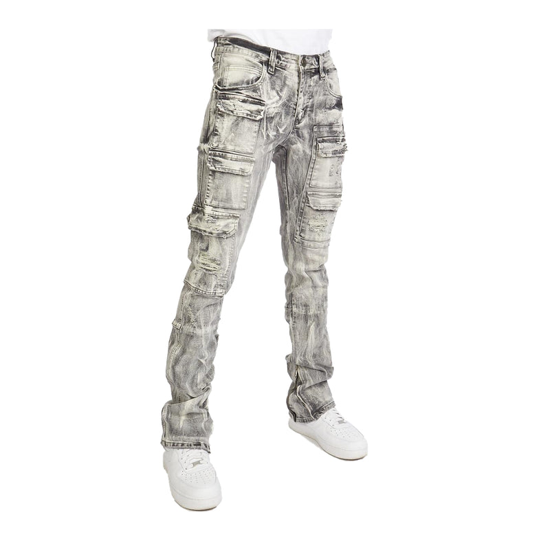 Foreign Brands INC Mens Skinny Stacked Flare Zip Cargo Pants MURPH501-GREY STORM