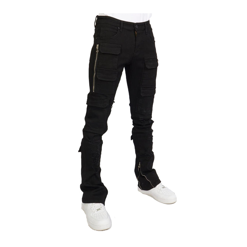 Foreign Brands INC Mens Skinny Stacked Flare Cargo Pants MURPH505-JET BLACK