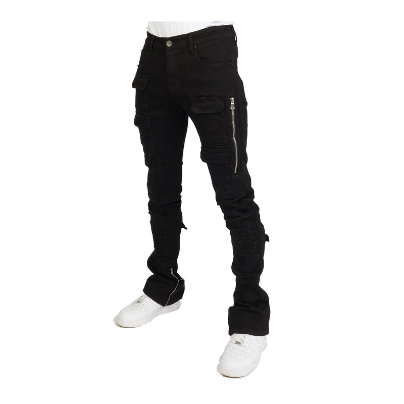 Foreign Brands INC Mens Skinny Stacked Flare Cargo Pants MURPH505-JET BLACK