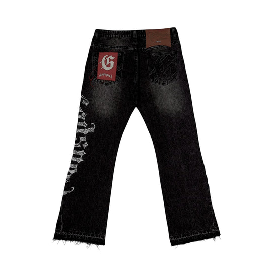 Godspeed Mens Og Logo Stitched Straight Flare Jeans Black Wash