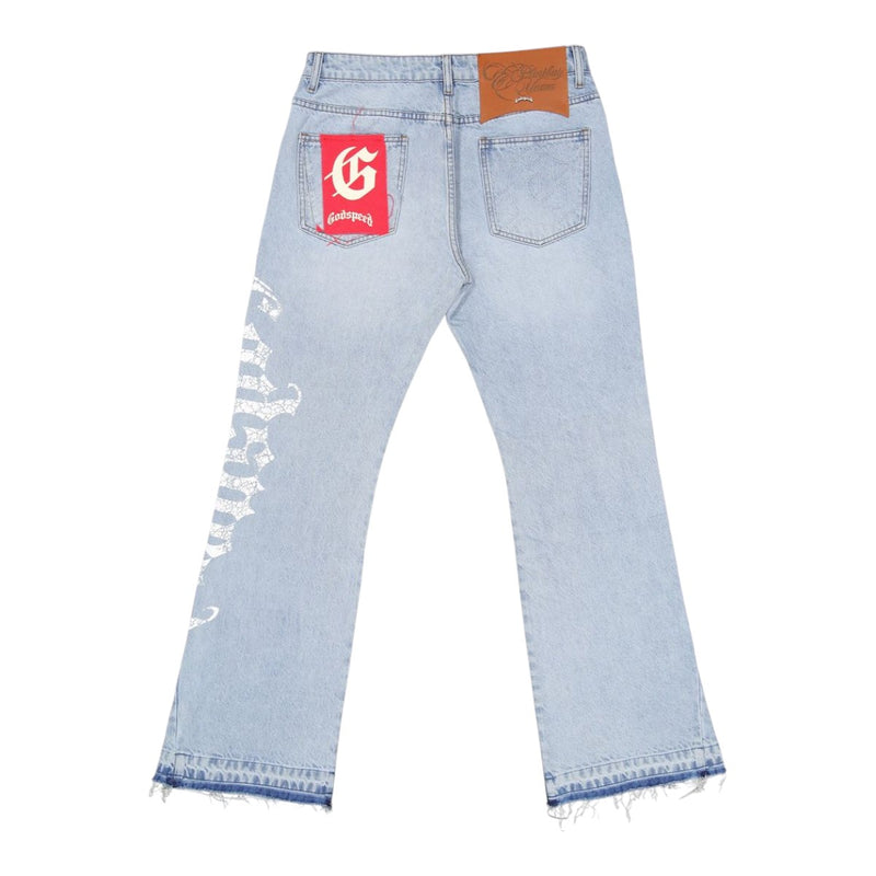 Godspeed Mens Og Logo  Straight Flare Jeans Printed Blue