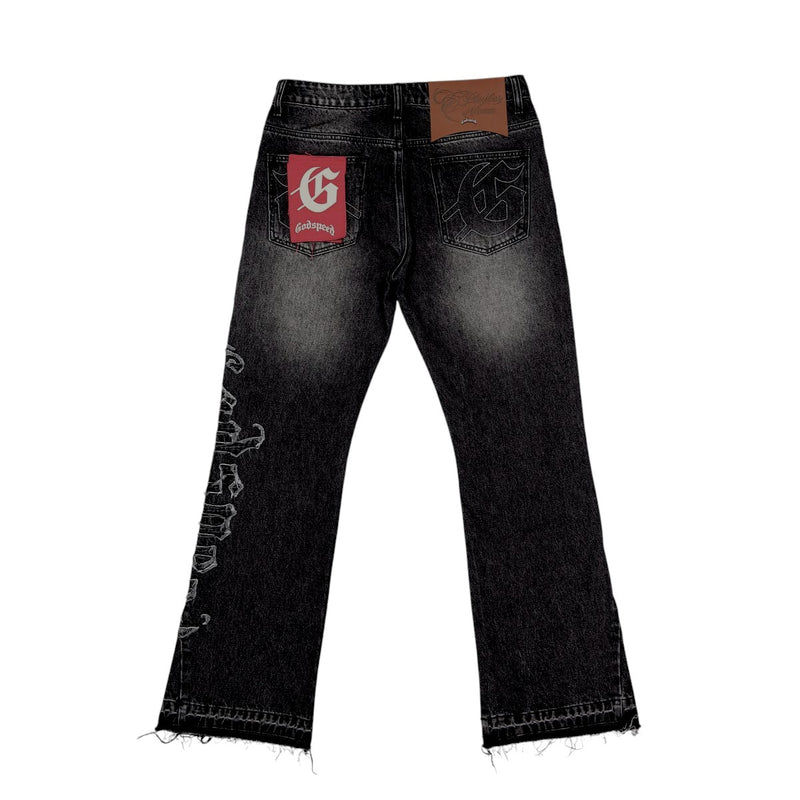 Godspeed Mens Og Logo Stitched Straight Flare Jeans Black Wash