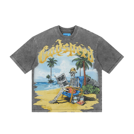Godspeed Mens NextGen Skeleton Beach II Crew Neck T-Shirt Grey Wash