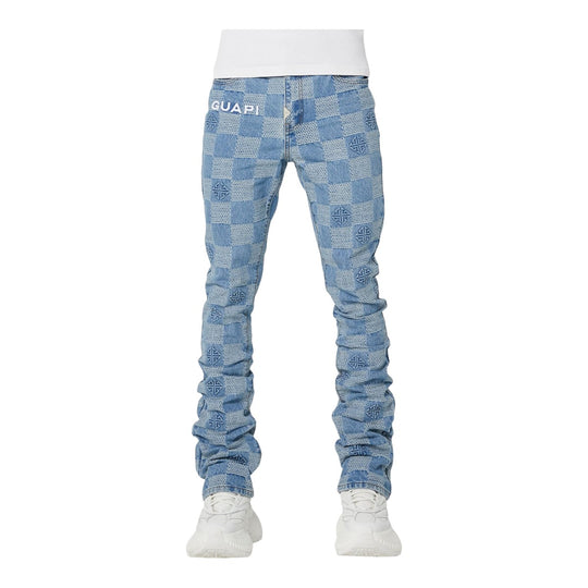 Guapi Mens Checkerboard Denim Jeans 580 Aqua Blue