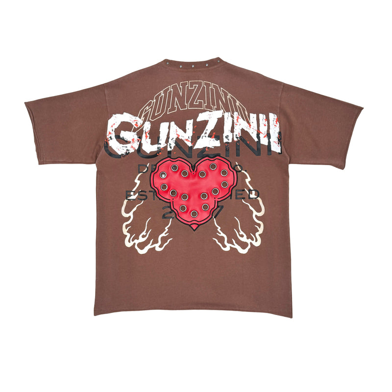 Gunzinii Mens Heart Crew Neck T-Shirt GZ637-BRW Brown