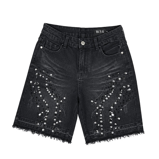 Hudson Outerwear Mens Carpenter Stud& Fancy Stone Denim Shorts HUDS-644-BLK Black