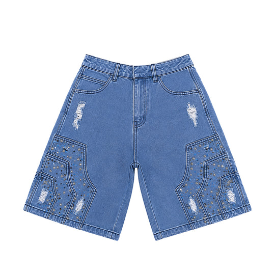 Hudson Outerwear Mens Carpenter Stud& Fancy Stone Denim Shorts HUDS-644-MED BLU Medium Blue