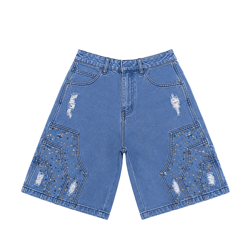 Hudson Outerwear Mens Carpenter Stud& Fancy Stone Denim Shorts HUDS-644-MED BLU Medium Blue