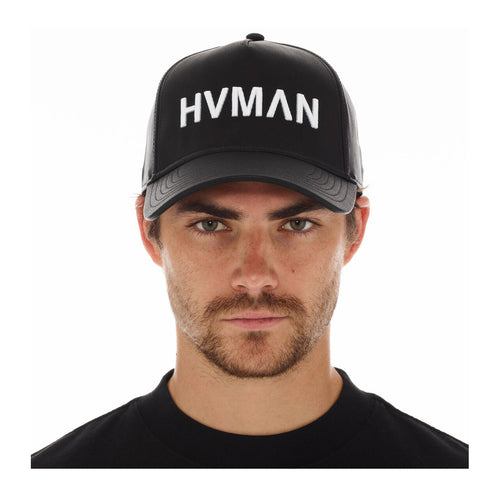 HVMAN Mens Vegan Leather Logo Cap Snapback Hat 324AC-HC34A Black