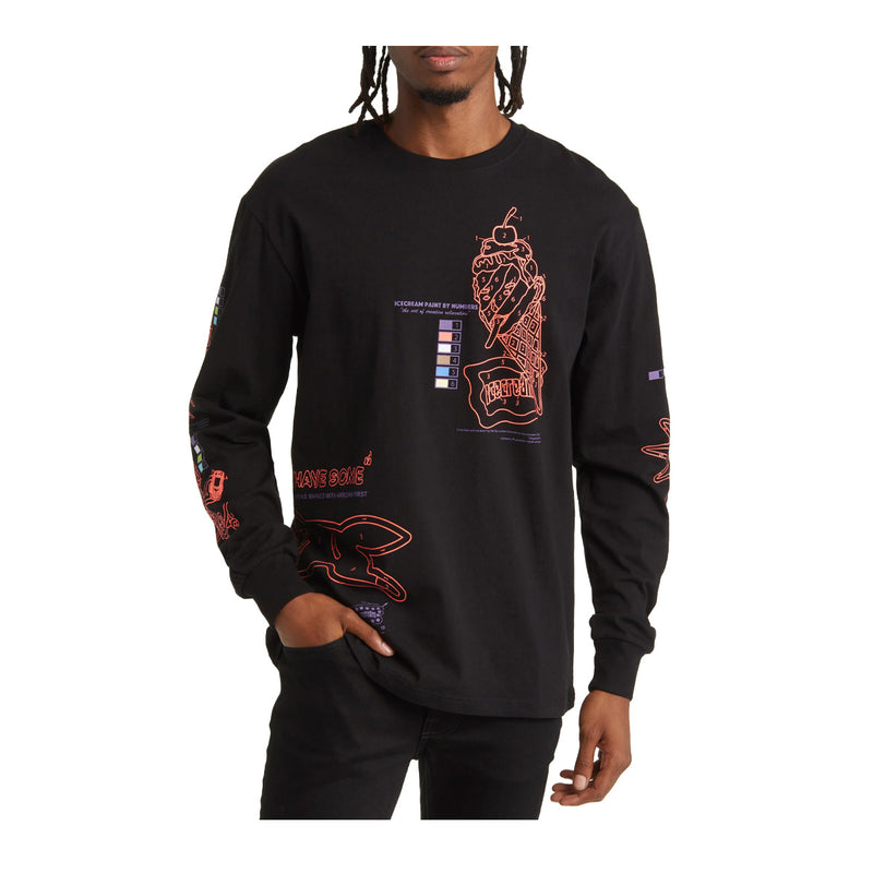 Icecream Mens Follow The Numbers Long Sleeve Knit Crew Neck T-Shirt 6300-001 Black