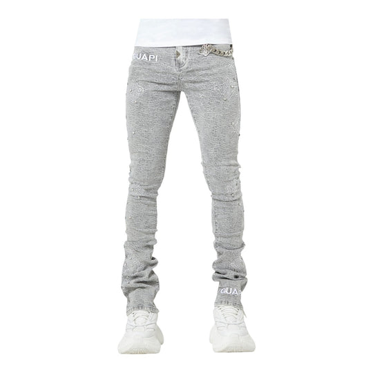 Guapi Mens Distressed Cross Denim Jeans 569 Smoke Grey