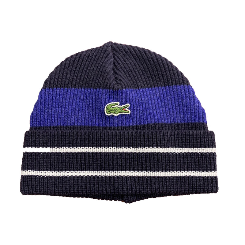 Lacoste Unisex Colorblock Striped Ribbed Wool Beanie RB2218-BR7 Abysm/Globe-Flo