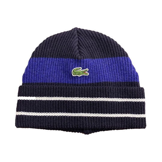 Lacoste Unisex Colorblock Striped Ribbed Wool Beanie RB2218-BR7 Abysm/Globe-Flo