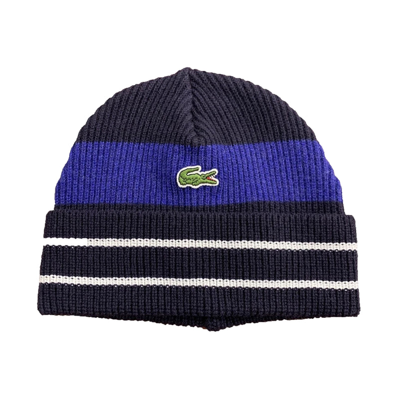 Lacoste Unisex Colorblock Striped Ribbed Wool Beanie RB2218-BR7 Abysm/Globe-Flo